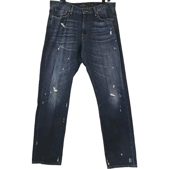 Lucky Brand ~Men's 34 x 32~ Dark Blue Denim 410 Athletic Slim Jeans Distressed. - Picture 1 of 9